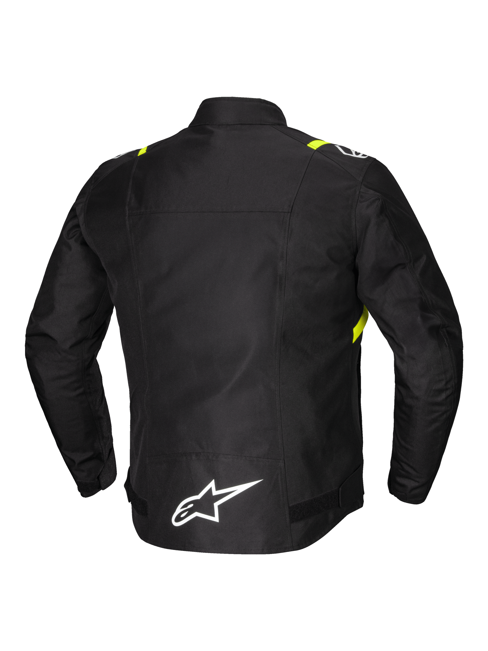 Alpinestars T-SPS V2 Waterproof Jacket, men's sport textile motorcycle jacket, rear view showing reflective detailing and white logo on extended lower back, Black with White and Yellow Fluo accents