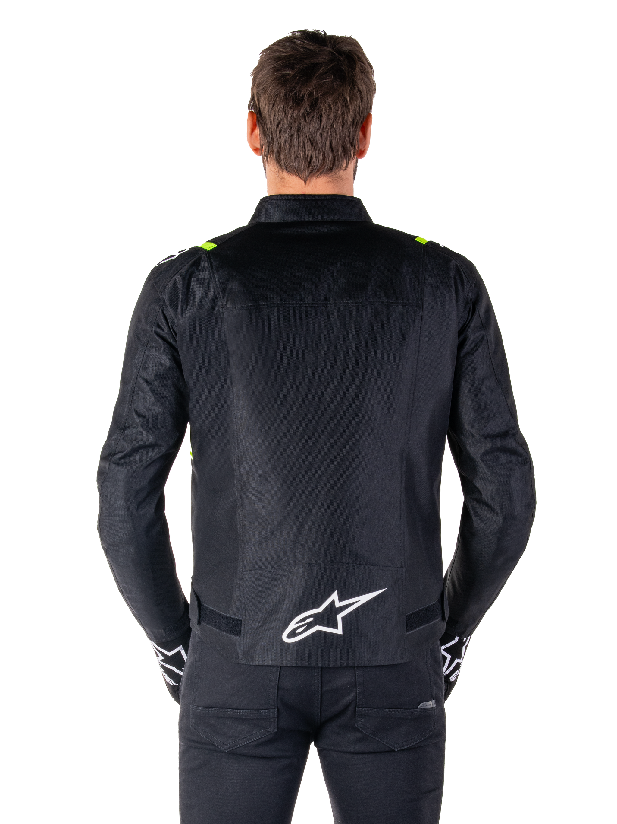 Alpinestars T-SPS V2 Waterproof Jacket, Back View, Black with Yellow Fluo accents on shoulders and white star logo on the lower back, Textile motorcycle jacket with a sport silhouette, Worn by male model.
