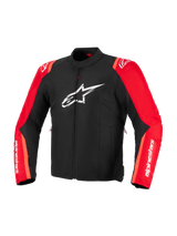 Alpinestars T-SPS V2 Waterproof Jacket, Black and Red Fluo, Textile Motorcycle Jacket, featuring white Alpinestars star logo on the chest and white branding on the sleeves, sport-cut racing-inspired design