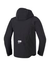 Alpinestars Aeroshell Waterproof Jacket, Men's Black Softshell Motorcycle Jacket, back view with hood and white ASTARS logo.