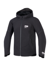 Alpinestars Aeroshell Waterproof Jacket, black men's hooded softshell motorcycle jacket with white ASTARS branding.