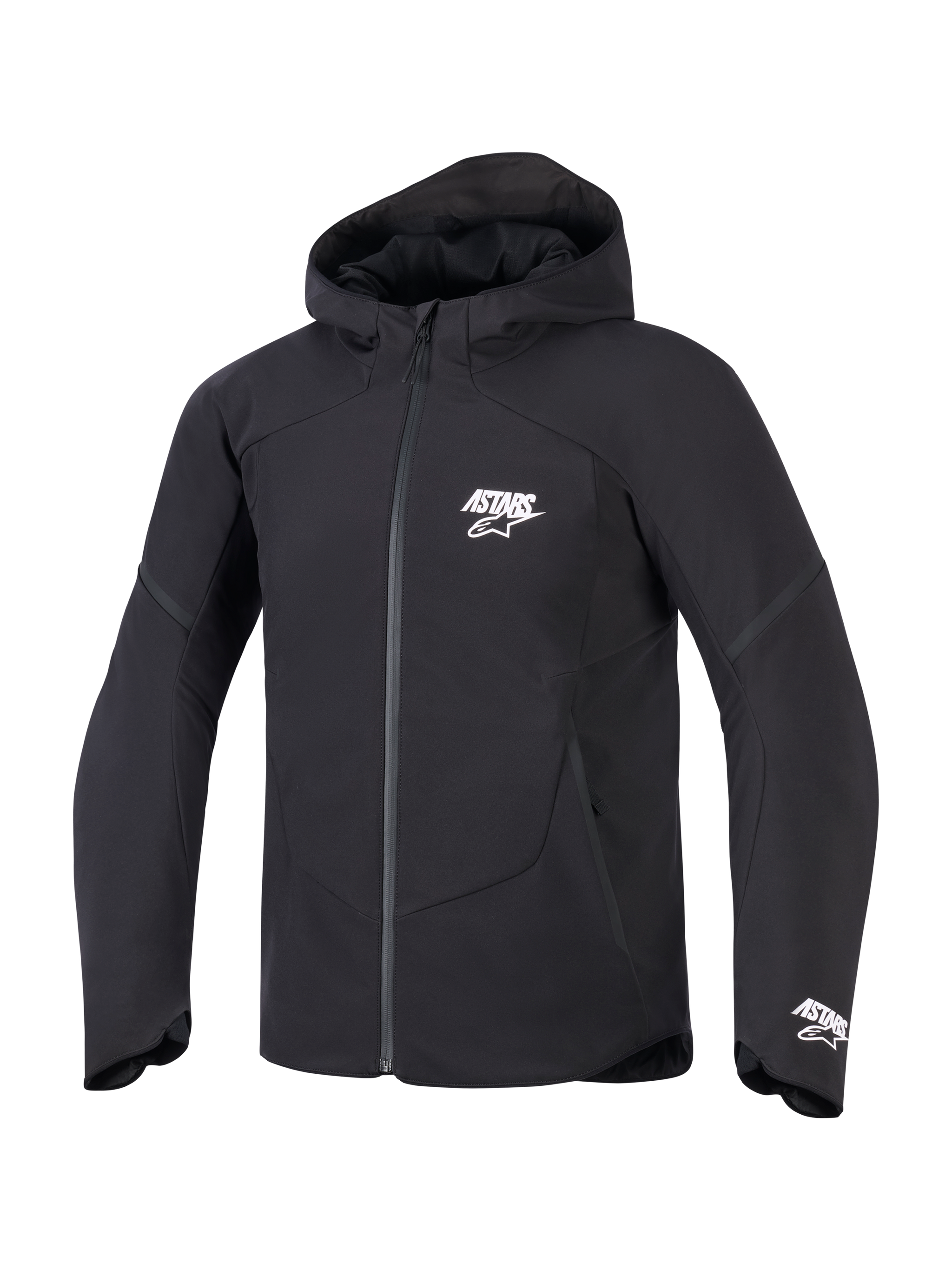 Alpinestars Aeroshell Waterproof Jacket, black men's hooded softshell motorcycle jacket with white ASTARS branding.