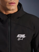 Alpinestars Aeroshell Waterproof Jacket, black men's motorcycle softshell with white ASTARS logo and waterproof zipper.