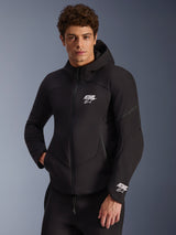 Alpinestars Aeroshell Waterproof Jacket, men's black softshell motorcycle jacket with white ASTARS logos and integrated hood.