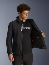 Alpinestars Aeroshell Waterproof Jacket, black softshell urban motorcycle jacket for men, unzipped showing interior pocket.