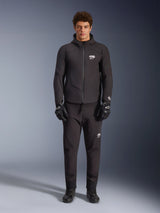 Alpinestars Aeroshell Waterproof Jacket, black hooded softshell motorcycle jacket for road riding, worn by male model.