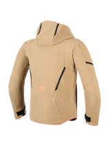 Alpinestars Aeroshell Waterproof Jacket, Rear view, Dark Khaki with Black and Orange Fluo accents, featuring a hood, black contrast lines, and orange branding, sports softshell motorcycle hoodie