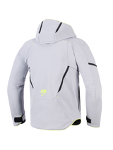 Alpinestars Aeroshell Waterproof Jacket, Mid Gray Yellow Fluo, back view of a hooded motorcycle jacket, light gray textile softshell with black diagonal accents, yellow fluorescent ASTARS logo on the lower back, modern sport-focused design.