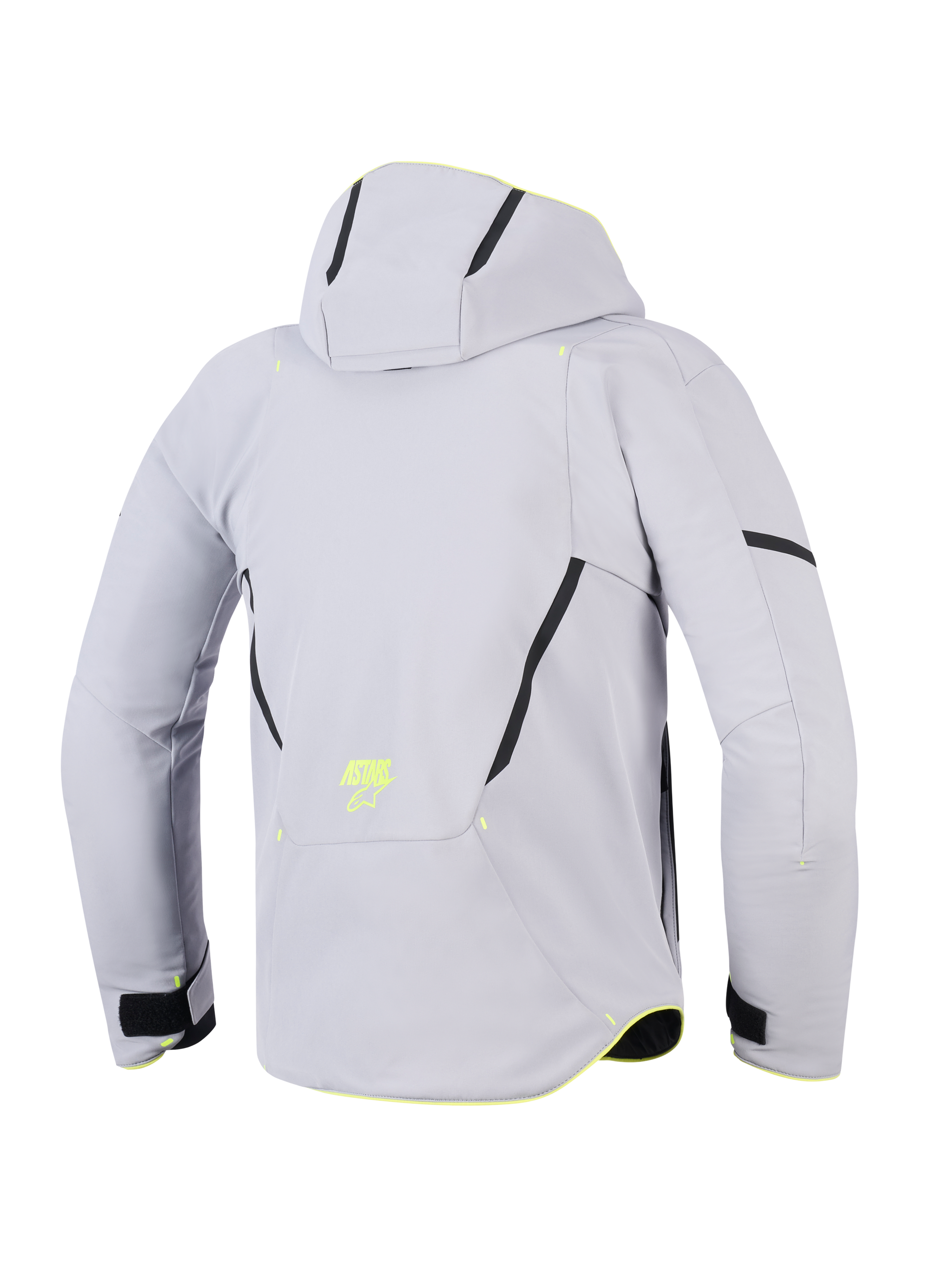 Alpinestars Aeroshell Waterproof Jacket, Mid Gray Yellow Fluo, back view of a hooded motorcycle jacket, light gray textile softshell with black diagonal accents, yellow fluorescent ASTARS logo on the lower back, modern sport-focused design.