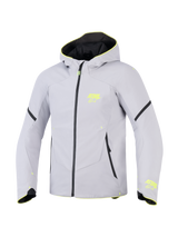 Alpinestars Aeroshell Waterproof Jacket, Mid Gray and Yellow Fluo, hooded sport softshell motorcycle jacket, featuring neon yellow ASTARS logos, black waterproof zipper, and modern athletic fit.