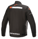 Alpinestars T-SP S Ignition Waterproof Jacket, Motorcycle Jacket, Black White and Red Fluo, back view featuring a white and fluorescent red horizontal stripe across the shoulders, Alpinestars logo on the collar and lower back, durable textile construction for urban riding.
