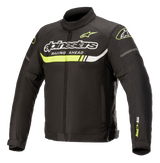 Alpinestars T-SP S Ignition Waterproof Jacket, textile motorcycle jacket, Black with Yellow Fluo and White accents, featuring bold Alpinestars branding and 'Racing Ahead' text on the chest, a neon yellow horizontal stripe, and a sleek racing-inspired design.