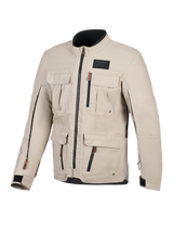 Alpinestars Borrego Drystar® Jacket, Motorcycle Jacket, Warm Gray, front view featuring multiple cargo pockets, black zippers with brown pull tabs, waxed-canvas texture, and a black branding patch on the chest.