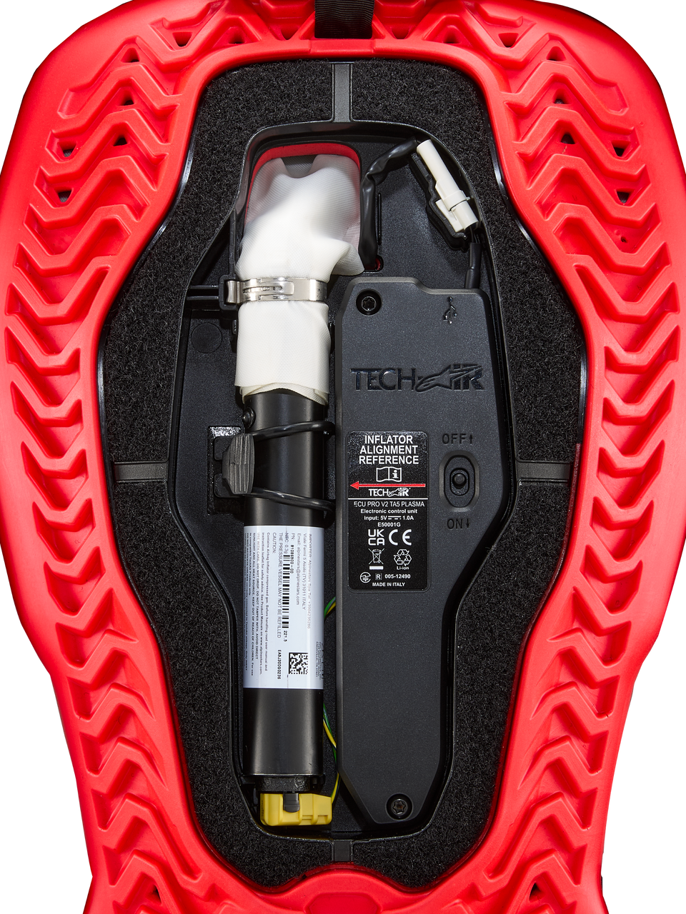 Alpinestars Tech-Air® 5 Plasma airbag replacement canister, black ECU, and white inflator in a red ribbed shell.