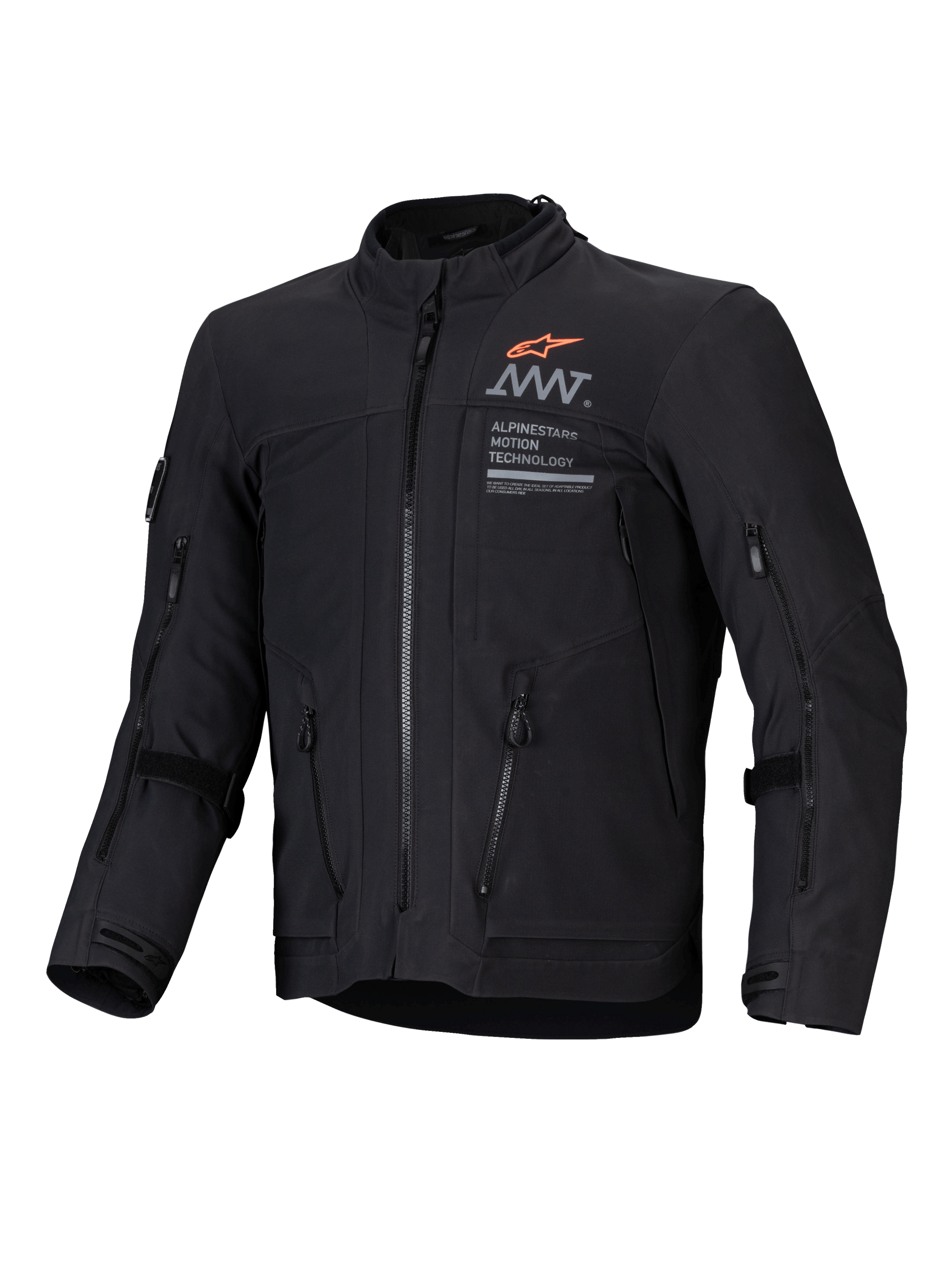 Alpinestars AMT-8 Stretch Drystar XF Jacket, black adventure touring motorcycle jacket with front ventilation ports and branding graphics, CE certified