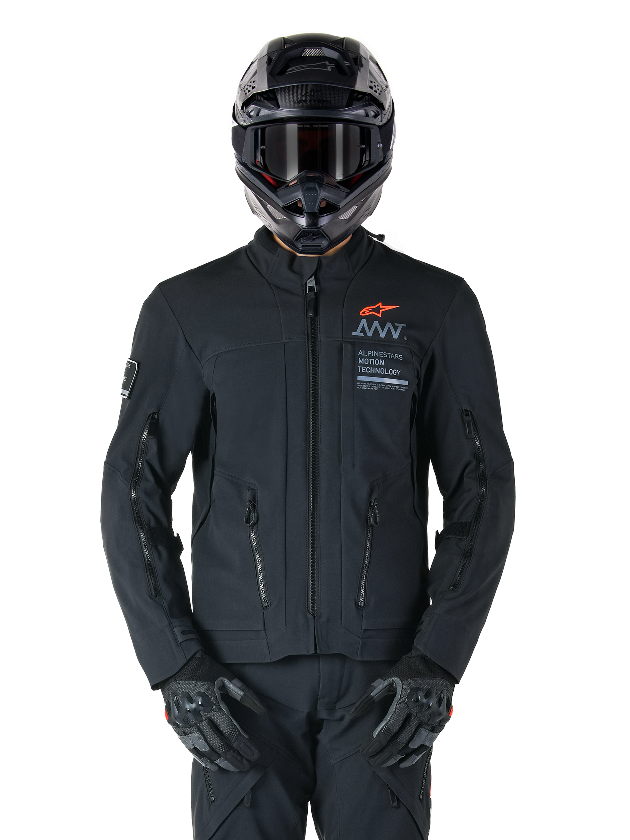 Alpinestars AMT-8 Stretch Drystar® XF Jacket, Black Motorcycle Jacket, featuring orange Alpinestars logo and grey AMT branding, high collar with front zipper and vents, worn with black helmet and gloves, protective adventure touring gear