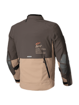 Alpinestars AMT-8 Stretch Drystar® XF Jacket, adventure touring motorcycle jacket, Dark Brown and Dark Khaki, rear view showing shingle exhaust vent and Alpinestars Motion Technology branding