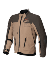Alpinestars AMT-8 Stretch Drystar® XF Jacket, adventure touring motorcycle jacket in Dark Brown and Dark Khaki, CE certified AA class with stretch textile construction and ventilation