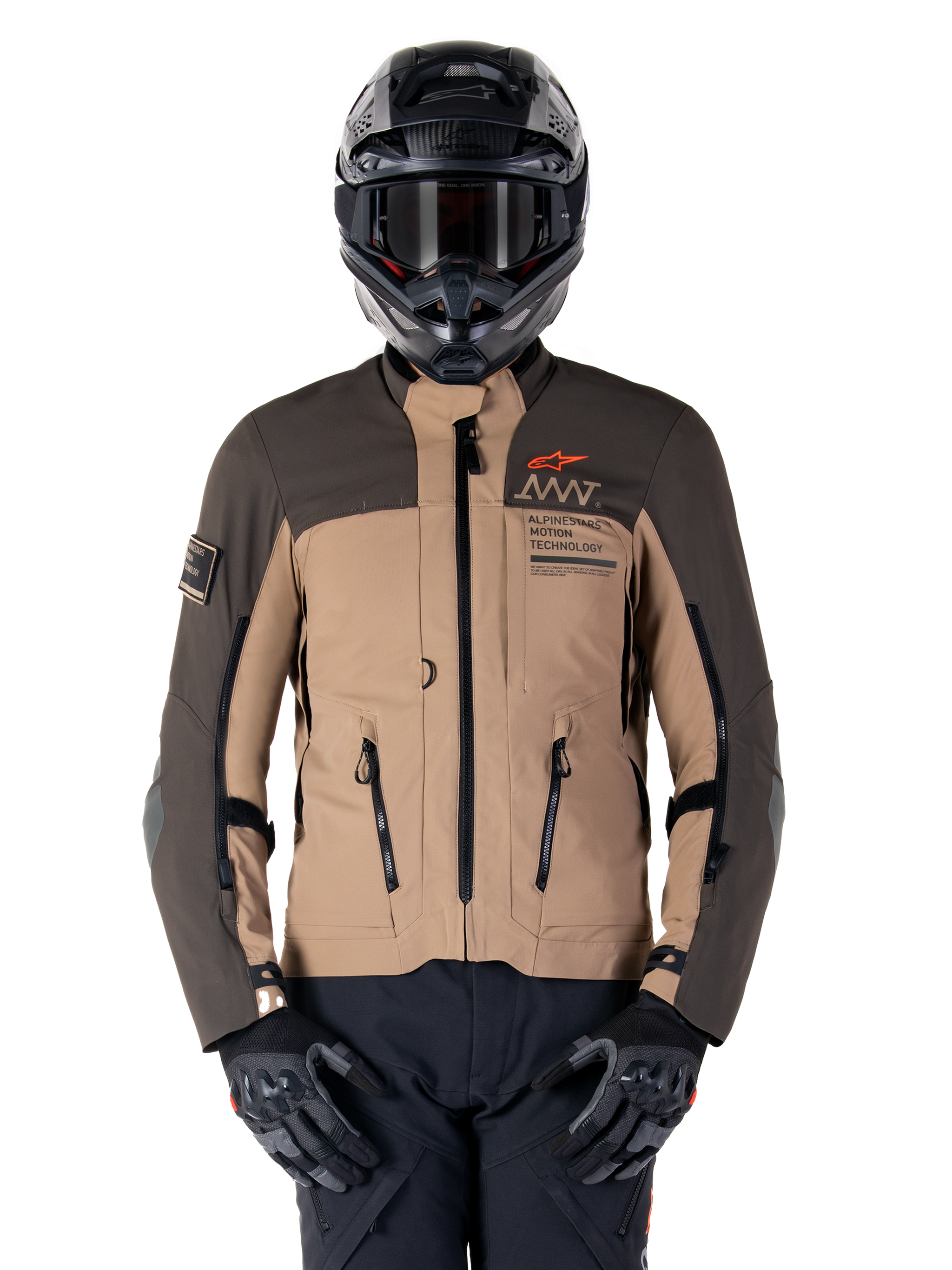 Alpinestars AMT-8 Stretch Drystar XF Jacket, Motorcycle Adventure Touring Jacket, Dark Khaki and Dark Brown, featuring orange Astars logo and black zippers, worn with black adventure helmet and gloves, full riding gear setup