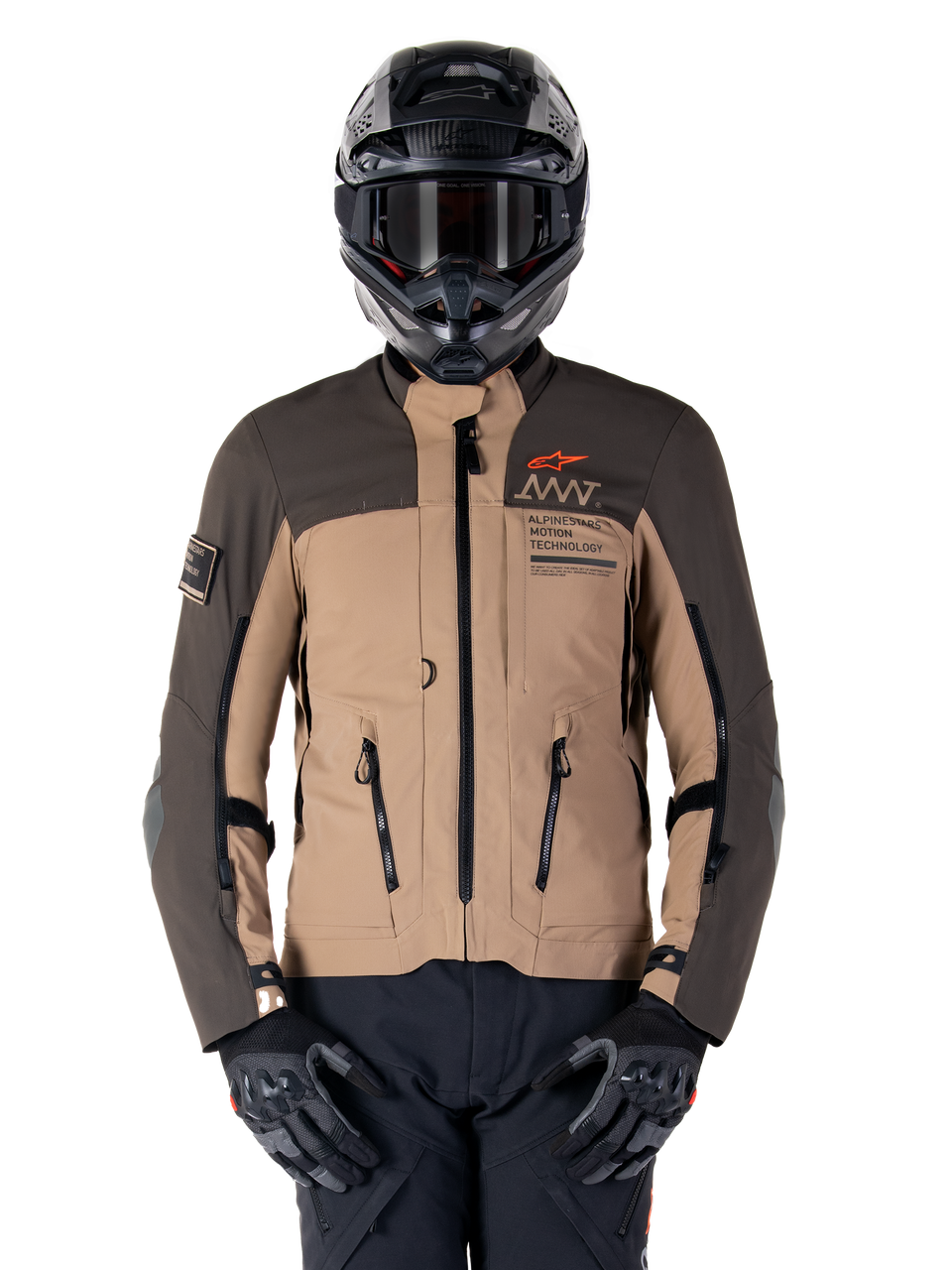 Alpinestars AMT-8 Stretch Drystar XF Jacket, Motorcycle Adventure Touring Jacket, Dark Khaki and Dark Brown, featuring orange Astars logo and black zippers, worn with black adventure helmet and gloves, full riding gear setup