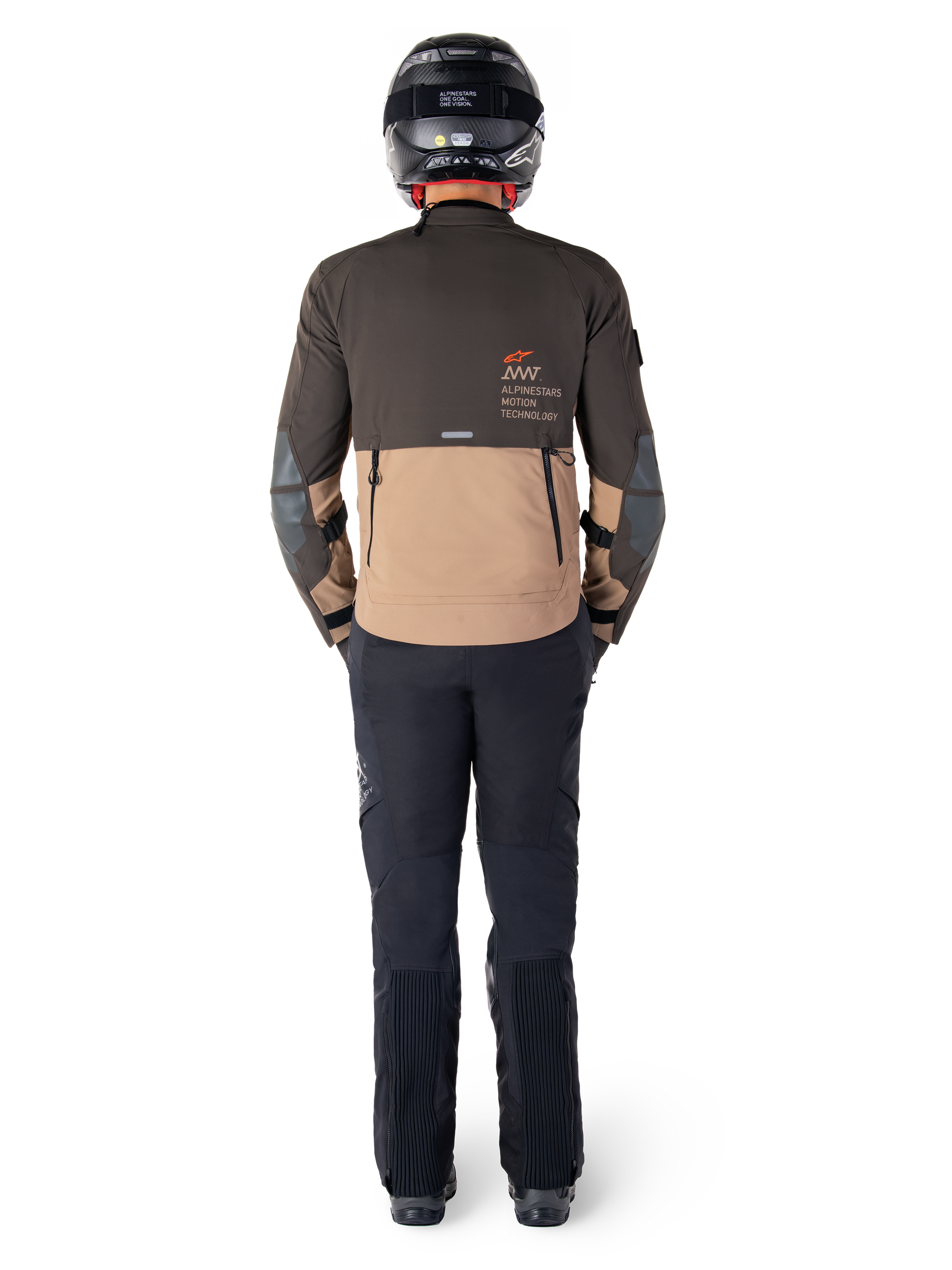 Alpinestars AMT-8 Stretch Drystar® XF Jacket, Adventure Touring Jacket, Dark Brown and Dark Khaki, rear view showing Alpinestars Motion Technology branding on the back, worn with black pants and black full-face helmet, performance stretch textile for adventure motorcycle gear