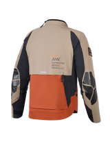 Alpinestars AMT-8 Stretch Drystar® XF Jacket, Walnut Rust Black, rear view showing tan and rust panels with black sleeves, Alpinestars Motion Technology branding on the back, reinforced elbow patches, and shingle-style back ventilation for adventure motorcycle riding.