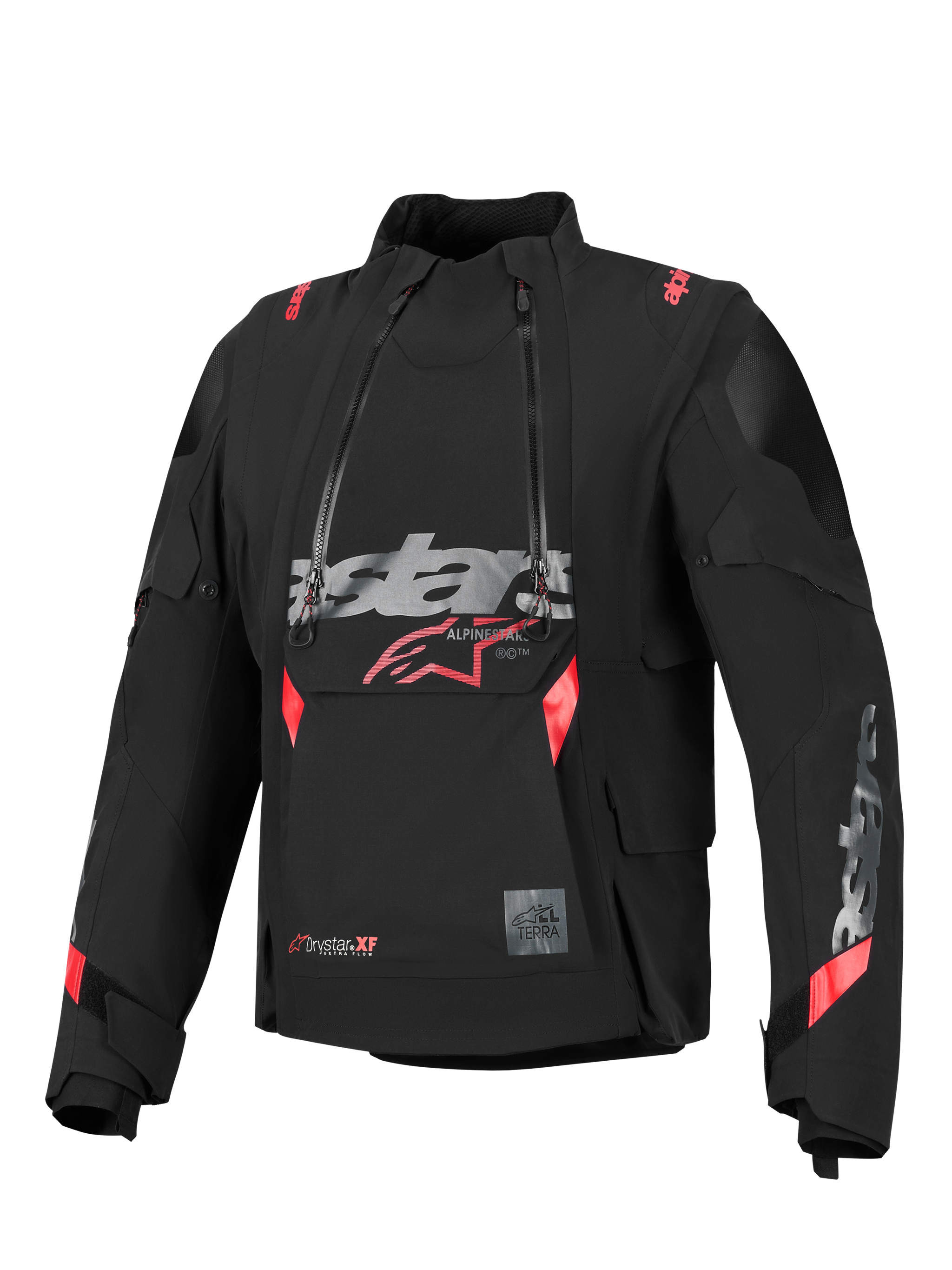 Alpinestars Halo Pro Drystar® XF Laminated Jacket, Black with red and grey accents, featuring dual asymmetrical waterproof front zippers, a large chest logo, and a modular technical textile design for adventure riding.