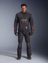Alpinestars Halo Pro Drystar® XF Laminated Jacket, Black Dark Shadow with red accents, adventure motorcycle gear set including matching pants and gloves, modular textile design with front ventilation panels and prominent chest logo.