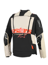 Alpinestars Halo Pro Drystar® XF Laminated Jacket, Back view, Mastic Black and cream textile construction, bold red 'stars' logo across the center, dual vertical zippers for modular ventilation, technical adventure motorcycle apparel