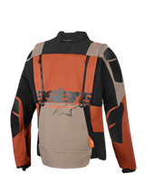 Alpinestars Halo Pro Drystar® XF Laminated Jacket, Adventure Motorcycle Jacket, Walnut Rust Black, back view featuring vertical ventilation zippers, large Alpinestars branding across the center, and durable ripstop textile construction