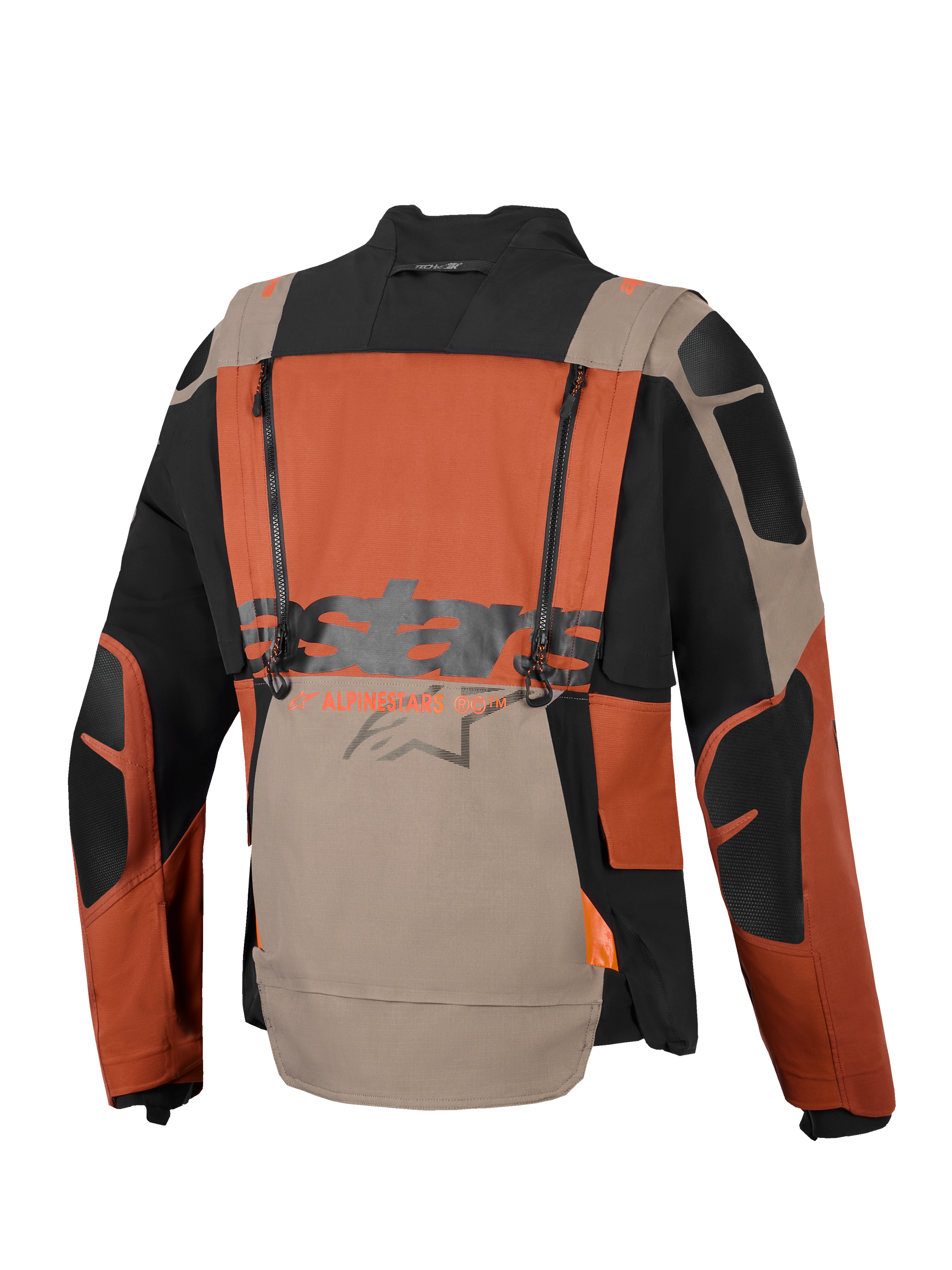 Alpinestars Halo Pro Drystar® XF Laminated Jacket, Adventure Motorcycle Jacket, Walnut Rust Black, back view featuring vertical ventilation zippers, large Alpinestars branding across the center, and durable ripstop textile construction