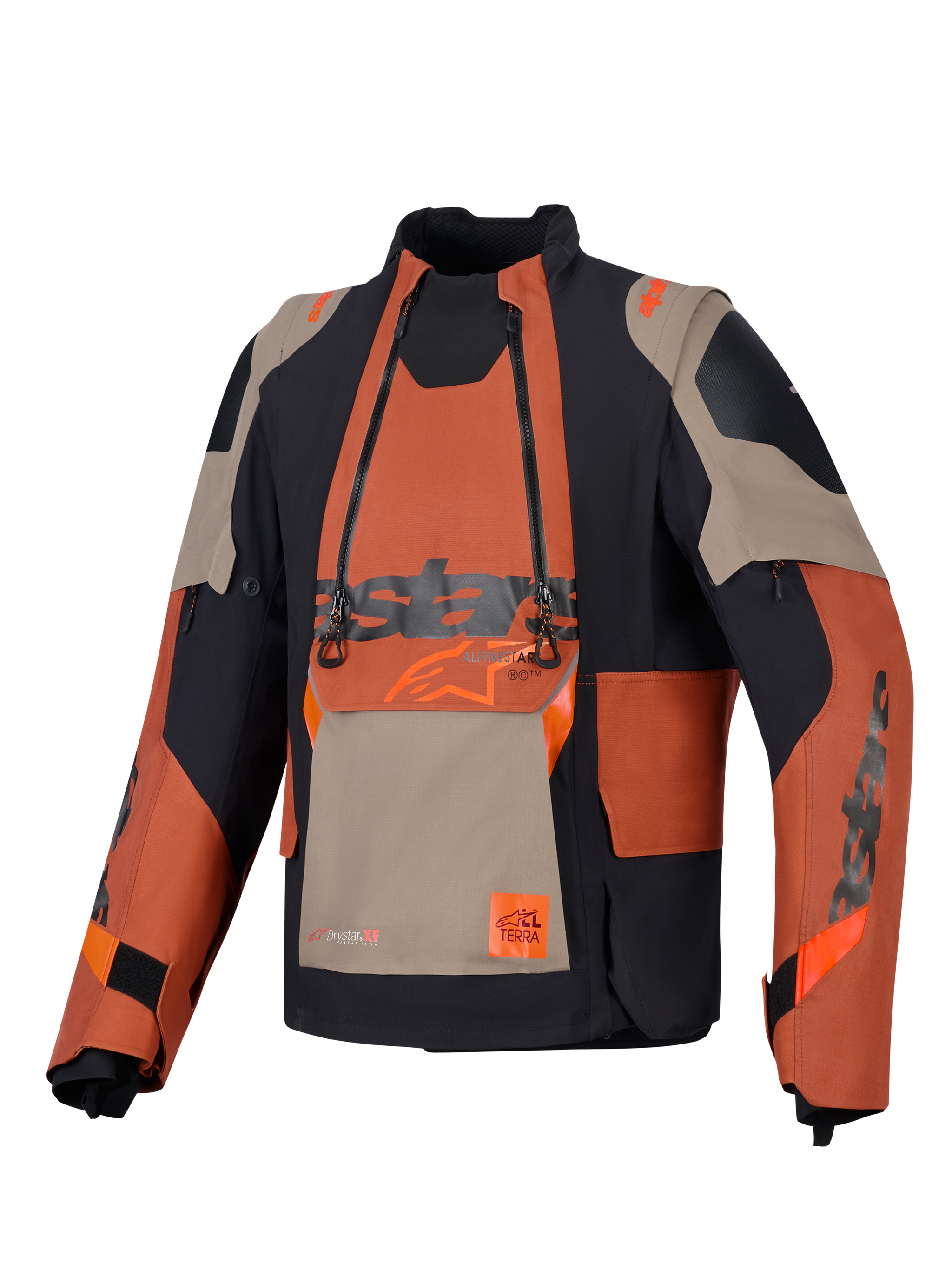 Alpinestars Halo Pro Drystar® XF Laminated Jacket, Adventure Motorcycle Jacket, Walnut Rust Black, front view featuring modular chest panel with dual waterproof zippers, rugged textile construction with tan and orange panels.