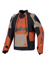 Alpinestars Halo Pro Drystar® XF Laminated Jacket, Adventure Motorcycle Jacket, Walnut Rust Black, front view featuring modular chest panel with dual waterproof zippers, rugged textile construction with tan and orange panels.
