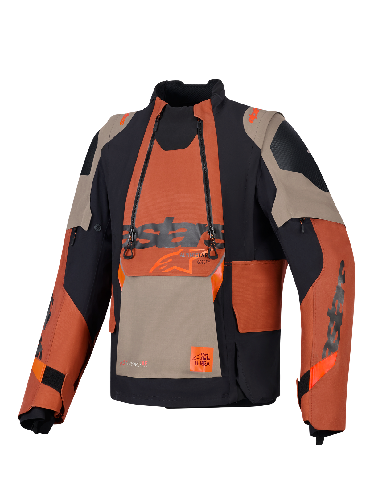 Alpinestars Halo Pro Drystar® XF Laminated Jacket, Adventure Motorcycle Jacket, Walnut Rust Black, front view featuring modular chest panel with dual waterproof zippers, rugged textile construction with tan and orange panels.