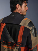 Alpinestars Halo Pro Drystar® XF Laminated Jacket in Walnut Rust Black, close-up back view featuring an unzipped ventilation panel revealing internal mesh, Tech-Air® branding on the collar, and a durable multi-colored textile construction.