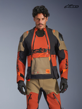 Alpinestars Harok Pro Drystar® XF Laminated Jacket, men's adventure touring motorcycle jacket in walnut, rust, and black, front view on a model wearing matching gear, featuring waterproof textile construction and modular ventilation panels.