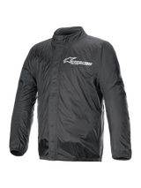 Alpinestars Hurricane Rain V2 Jacket, Motorcycle Rain Jacket, Black, featuring white Alpinestars logo on chest, high collar, front zipper with storm flap, elasticated cuffs and hem, waterproof laminated textile