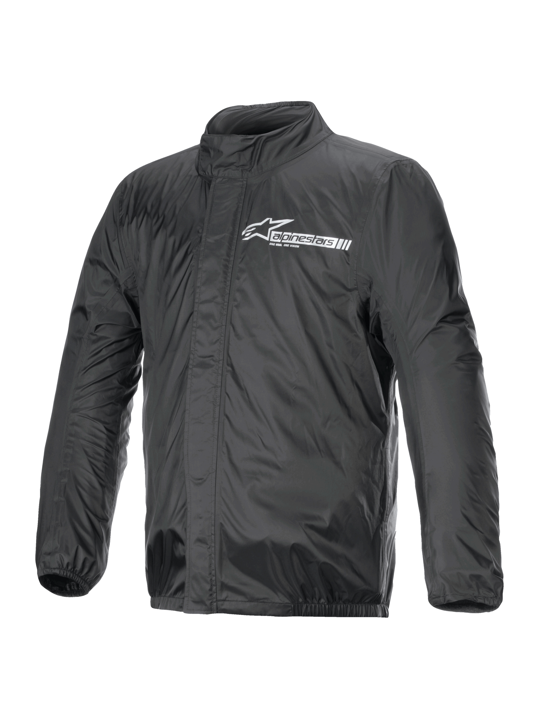 Alpinestars Hurricane Rain V2 Jacket, Motorcycle Rain Jacket, Black, featuring white Alpinestars logo on chest, high collar, front zipper with storm flap, elasticated cuffs and hem, waterproof laminated textile