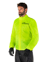Alpinestars Hurricane Rain V2 Jacket, Yellow Fluo, high-visibility fluorescent yellow waterproof motorcycle rain jacket, front double flap closure, Alpinestars logo on the chest, lightweight and packable design for wet weather riding