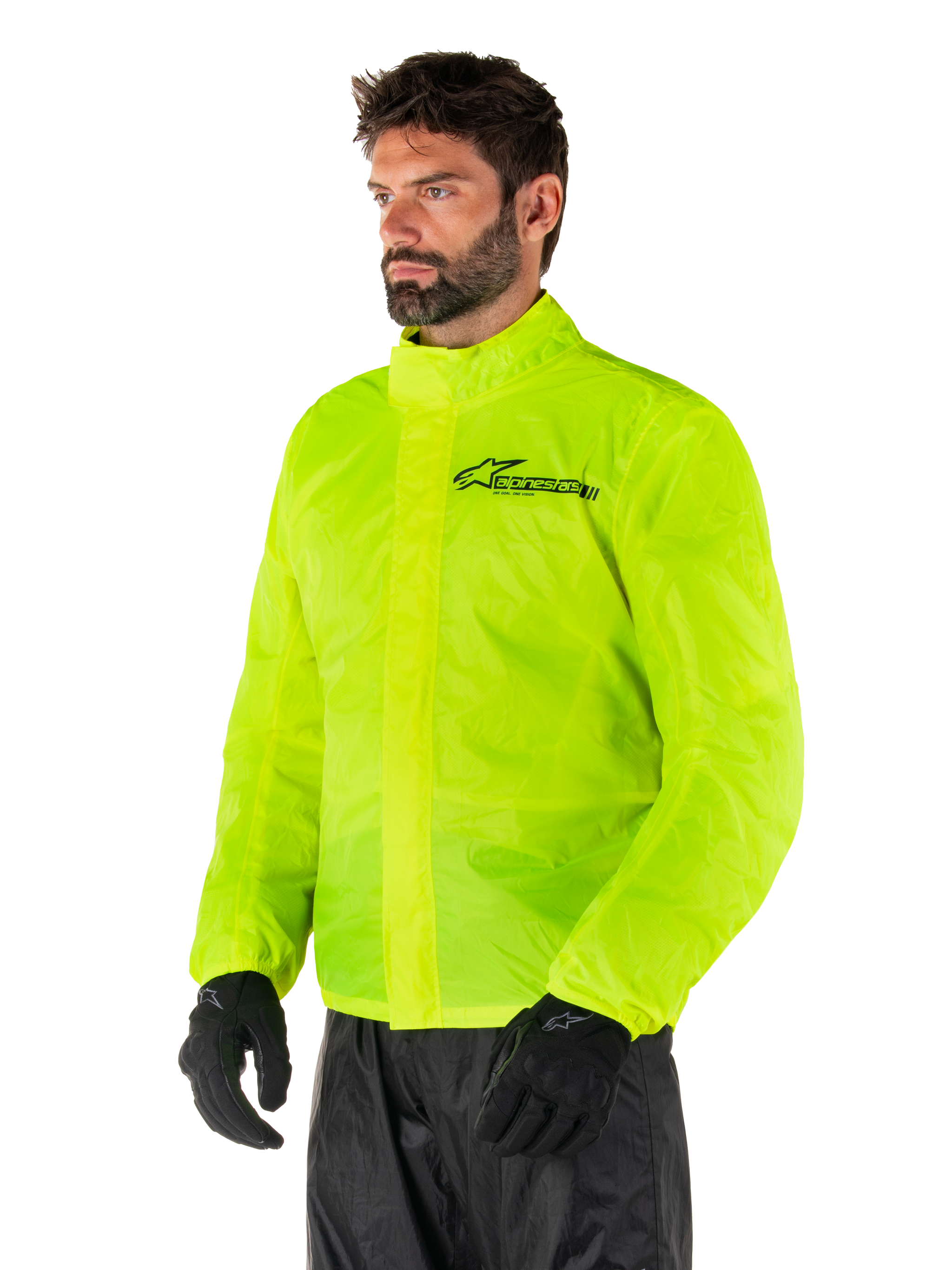 Alpinestars Hurricane Rain V2 Jacket, Yellow Fluo, high-visibility fluorescent yellow waterproof motorcycle rain jacket, front double flap closure, Alpinestars logo on the chest, lightweight and packable design for wet weather riding