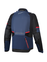 Alpinestars Andes V4 Drystar® Jacket, Back View, Night Navy Mood Indigo and Black, featuring red zipper accents and stripes, large rear waterproof compartment, Alpinestars logo on upper and lower back, technical textile adventure touring jacket.