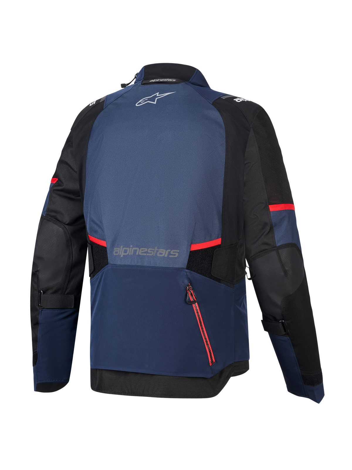 Alpinestars Andes V4 Drystar® Jacket, back view, night navy, mood indigo, and black, featuring red zipper accents and stripes, large rear waterproof compartment, Alpinestars logo on upper and lower back, technical textile adventure touring jacket.