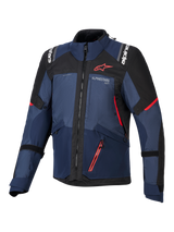 Alpinestars Andes V4 Drystar® Jacket, men's adventure touring motorcycle jacket in night navy, mood indigo, and black, front view showing red accents, waterproof textile construction, and white Alpinestars branding.
