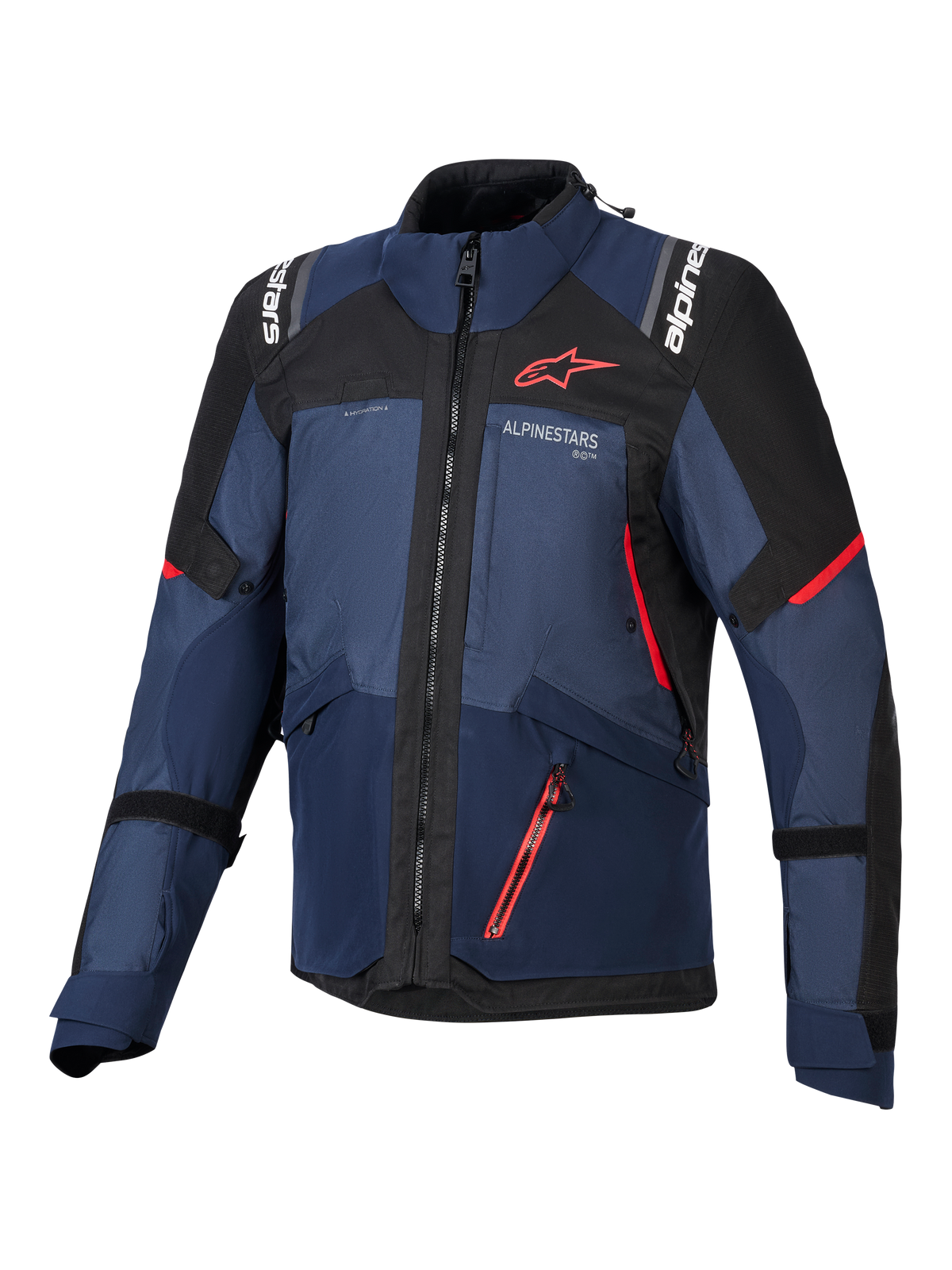 Alpinestars Andes V4 Drystar® Jacket, men's adventure touring motorcycle jacket in night navy, mood indigo, and black, front view showing red accents, waterproof textile construction, and white Alpinestars branding.