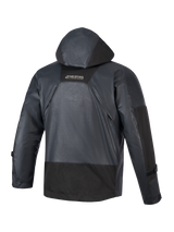 Alpinestars Mospher Waterproof Jacket, Motorcycle Parka, Black, rear view showing integrated hood and ripstop fabric construction, MO.ST.EQ branding on upper back, tactical urban design for all-weather riding