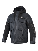 Alpinestars Mospher Waterproof Jacket, Black Motorcycle Parka, tactical utility design with multiple large pockets, ripstop textile construction, integrated hood, white Alpinestars branding on the sleeve and chest
