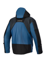 Alpinestars Mospher Waterproof Jacket, Rear View, Black and Dark Petrol, features a protective hood, durable ripstop textile construction with black reinforced sections, and MO.ST.EQ. logo on the upper back, waterproof urban motorcycle gear