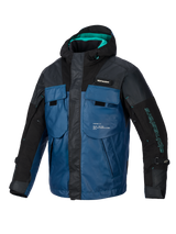 Alpinestars Mospher Waterproof Jacket, All-season motorcycle parka, Black and Dark Petrol with teal accents, tactical vest-inspired design featuring multiple large pockets, durable ripstop fabric, and integrated hood for urban commuting