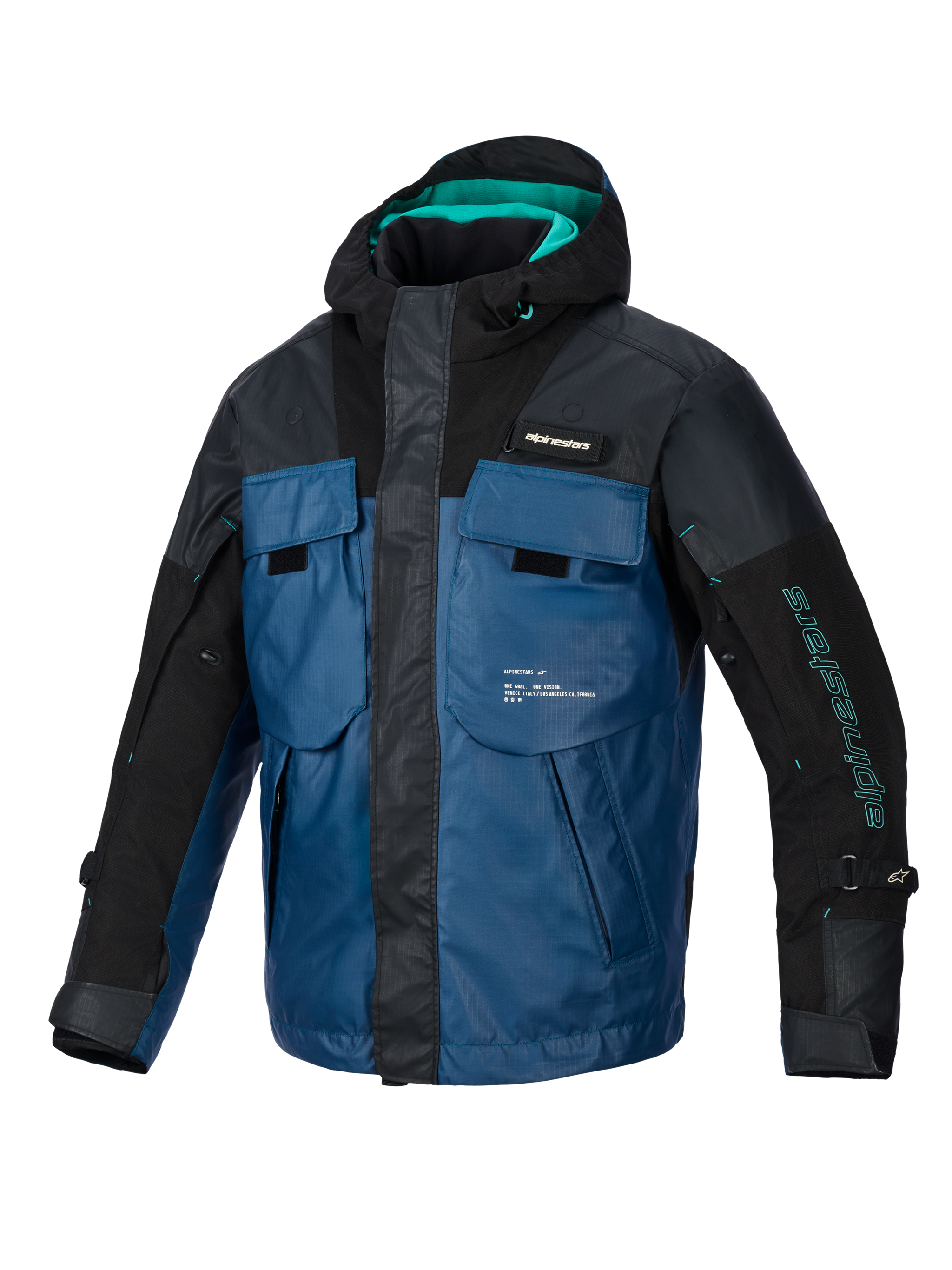 Alpinestars Mospher Waterproof Jacket, All-season motorcycle parka, Black and Dark Petrol with teal accents, tactical vest-inspired design featuring multiple large pockets, durable ripstop fabric, and integrated hood for urban commuting