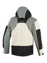 Alpinestars Mospher Waterproof Jacket in Fur Gray Black Ice, back view, featuring a military-inspired multi-panel design with gray, black, and ice white sections, an integrated hood, and MO.ST.EQ branding on the upper back.